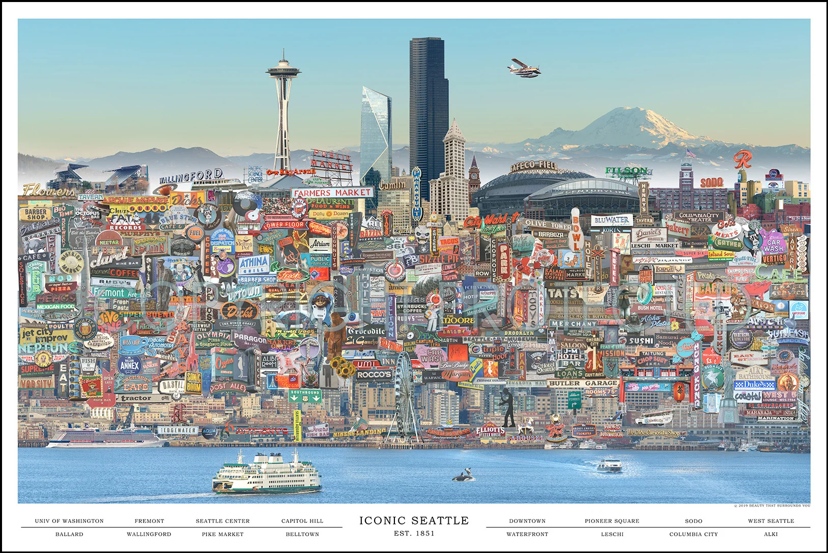 細川真希 原画「People in Seattle 2011」16×26cm Iconic Seattle Cityscape — Beauty That Surrounds You - Fine Art
